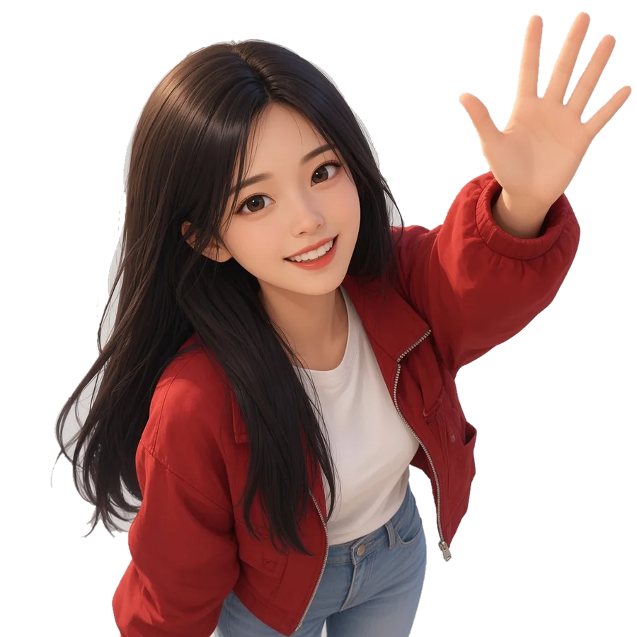 Daisie's 3D cartoon avatar, waving in a red jacket